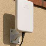 Antena LTE zamontowana na elewacji budynku, podłączona kablem sygnałowym – profesjonalny montaż w Gdańsku, Gdyni lub Sopocie.
