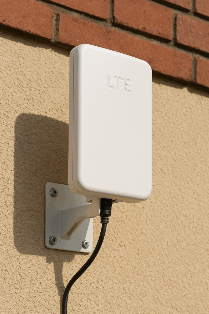 Antena LTE zamontowana na elewacji budynku, podłączona kablem sygnałowym – profesjonalny montaż w Gdańsku, Gdyni lub Sopocie.